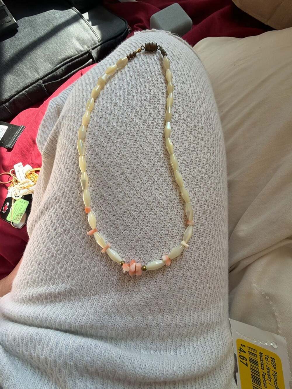 Vintage Carved Mother of Pearl and Angel Skin Coral Chip Bead Necklace